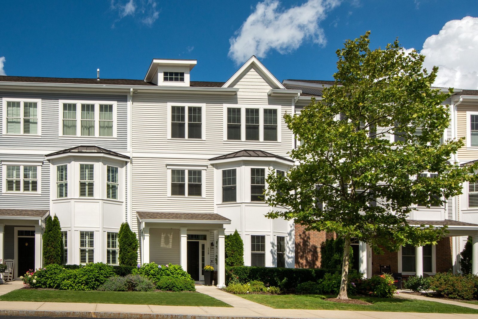 A picturesque suburban street with colonial-style homes and lush greenery under a blue sky.