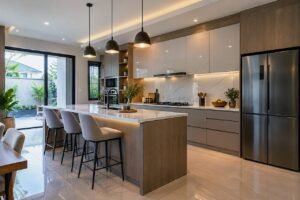 modern kitchen, interior, minimalist design, kitchen island, open concept, natural lighting, marble countertop, garden, luxurious look, comfortable seating, wooden elements, room with large windows, nature, relaxed atmosphere, luxury home kitchen, home decor, elegant style, kitchen amenities, light fixtures, high ceilings, can be combined